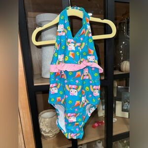Hello Kitty one piece swimsuit toddler girl colorful halter top neon ruffle frog